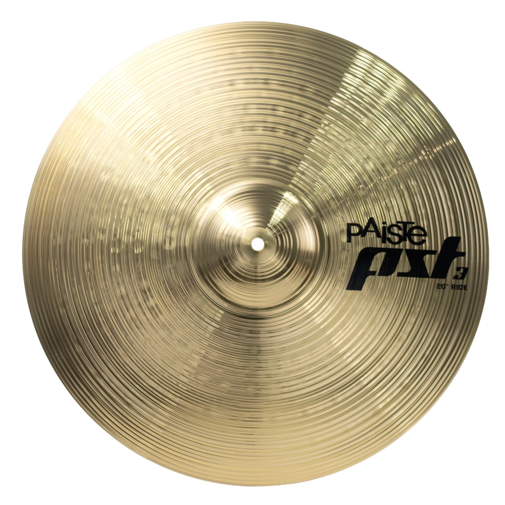 Platillo de batería Paiste PST 3 Ride de 20 pulgadas. Vista frontal del platillo individual en acabado dorado brillante con acabado torneado y el logotipo de la marca impreso en negro