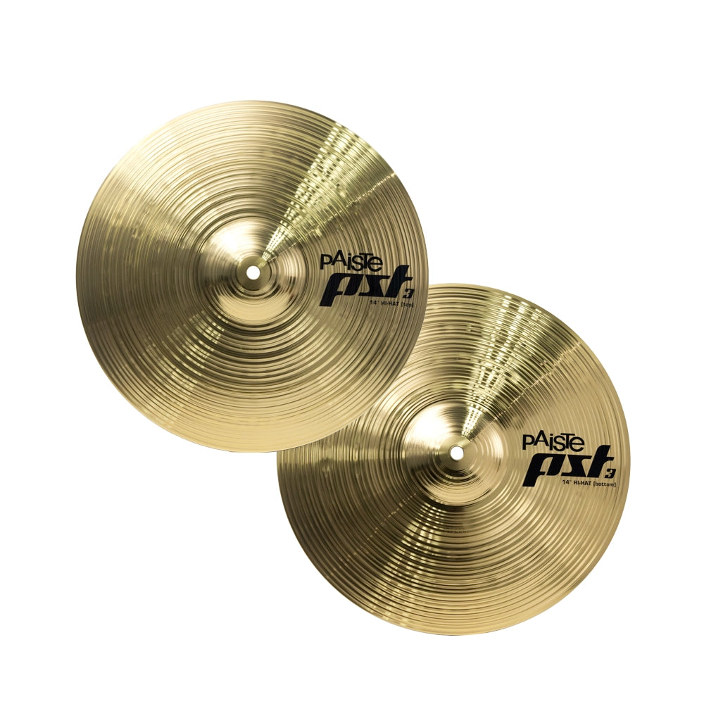 Par de platillos contratiempos (Hi-Hat) Paiste PST 3 de 14 pulgadas (modelos top y bottom). Muestra ambos platillos de batería en acabado dorado brillante con torneado visible y logotipos de la marca sobre fondo blanco