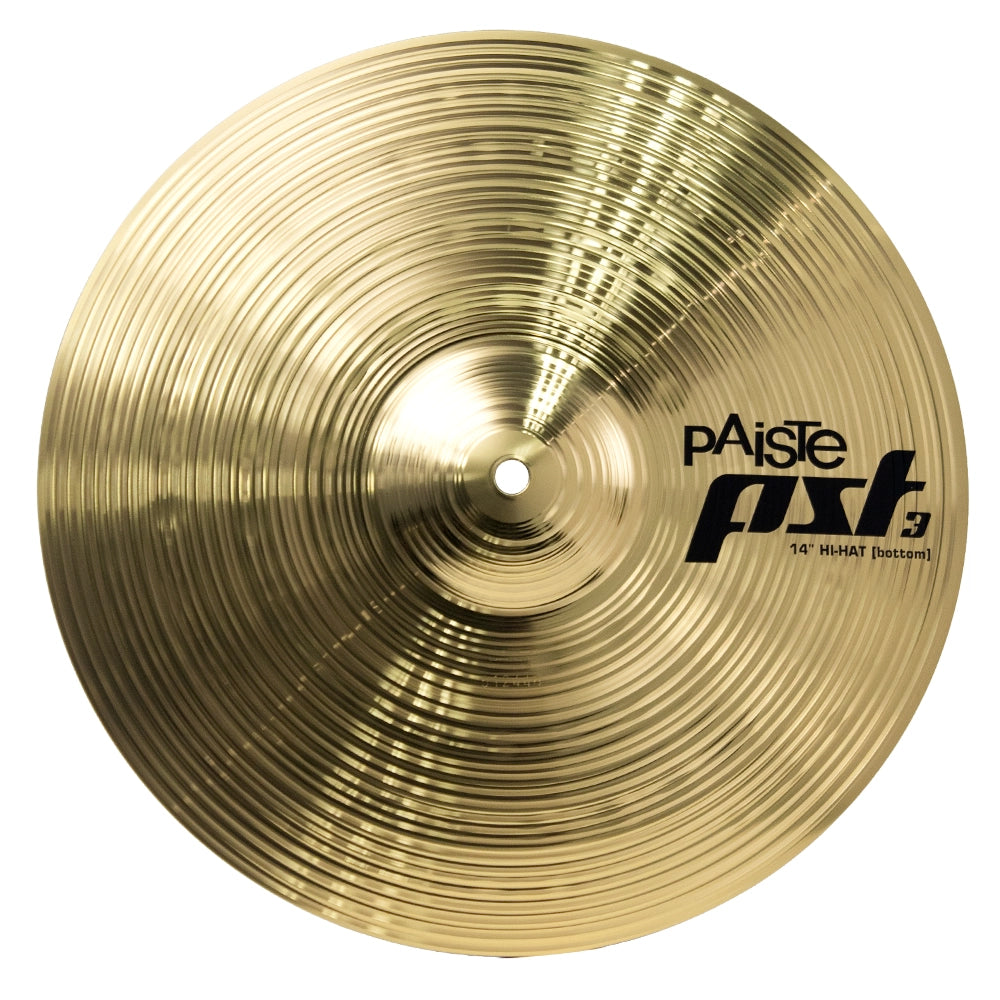 Platillo superior para contratiempo (Hi-Hat Bottom) Paiste PST 3 de 14 pulgadas. Vista frontal individual en acabado dorado brillante con acabado torneado y logotipo impreso en negro