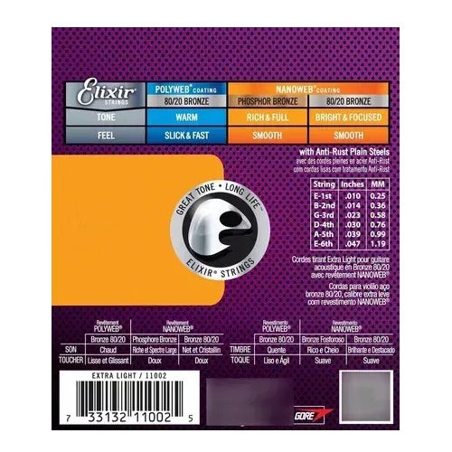 Encordadura Guitarra Acústica ELIXIR 3313211002 10/47 EXTRA LIGHT