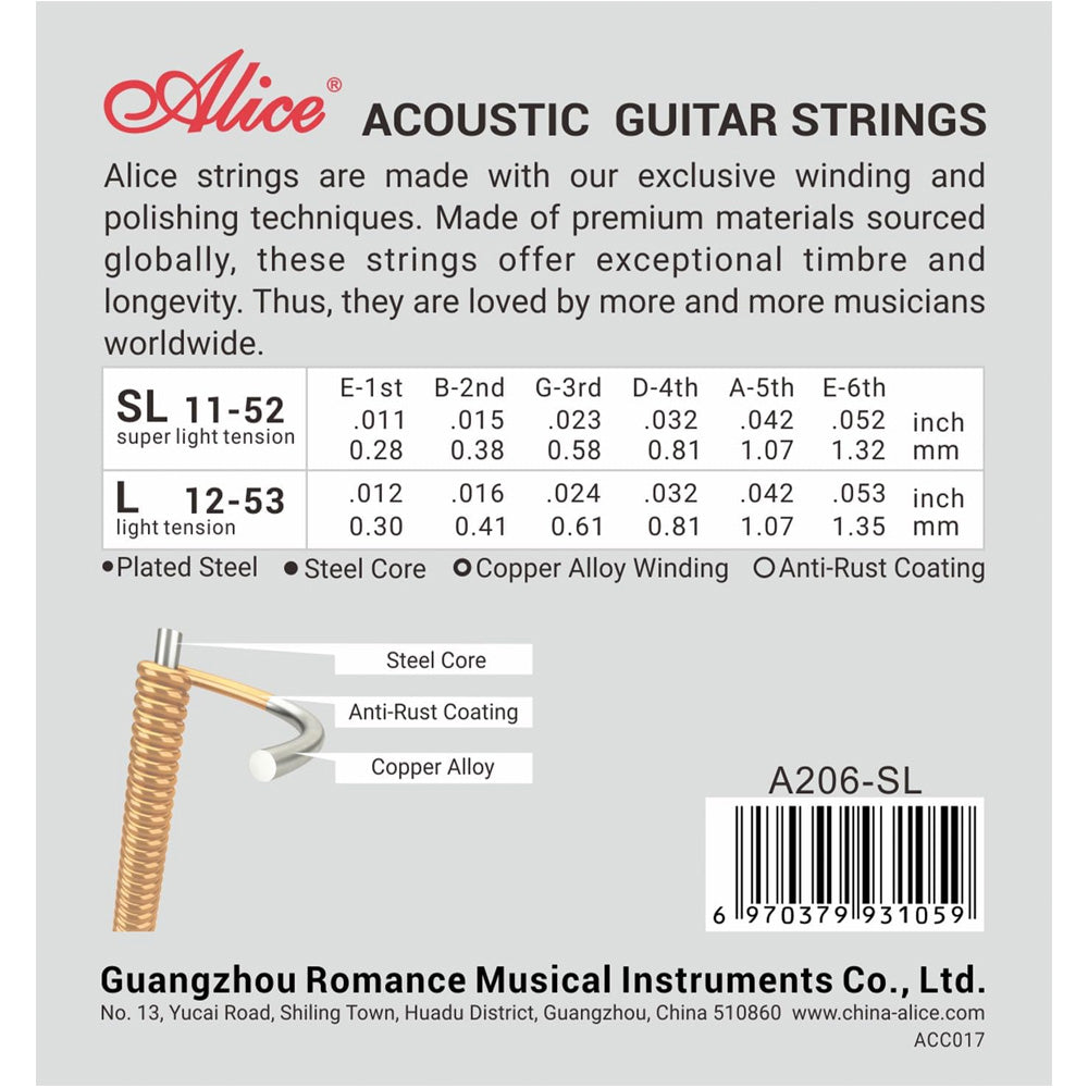 Encordadura Guitarra Acústica Alice A206sl 11/52 Acero Super Light A206SL