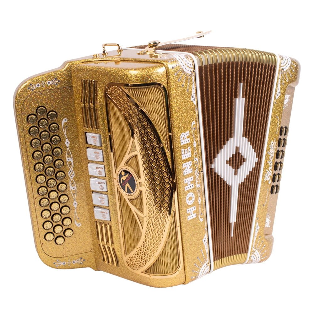 Hohner A8000FBBEBEADHLDG Acordeón Anaclero de Botones FA-SIB-MIB/MI-LA-RE Dorado con Estuche