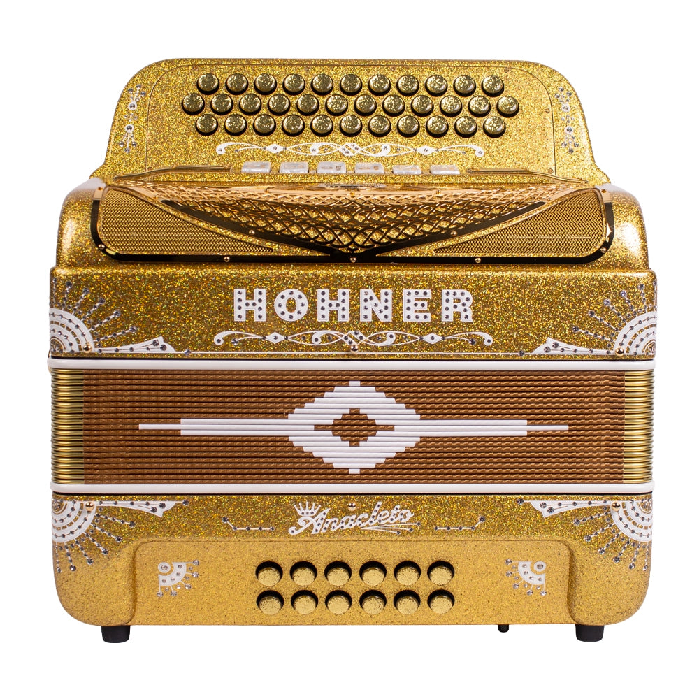 Hohner A8000FBBEBEADHLDG Acordeón Anaclero de Botones FA-SIB-MIB/MI-LA-RE Dorado con Estuche