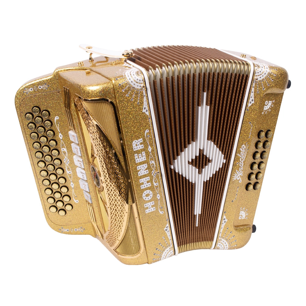 Hohner A8000FBBEBEADHLDG Acordeón Anaclero de Botones FA-SIB-MIB/MI-LA-RE Dorado con Estuche
