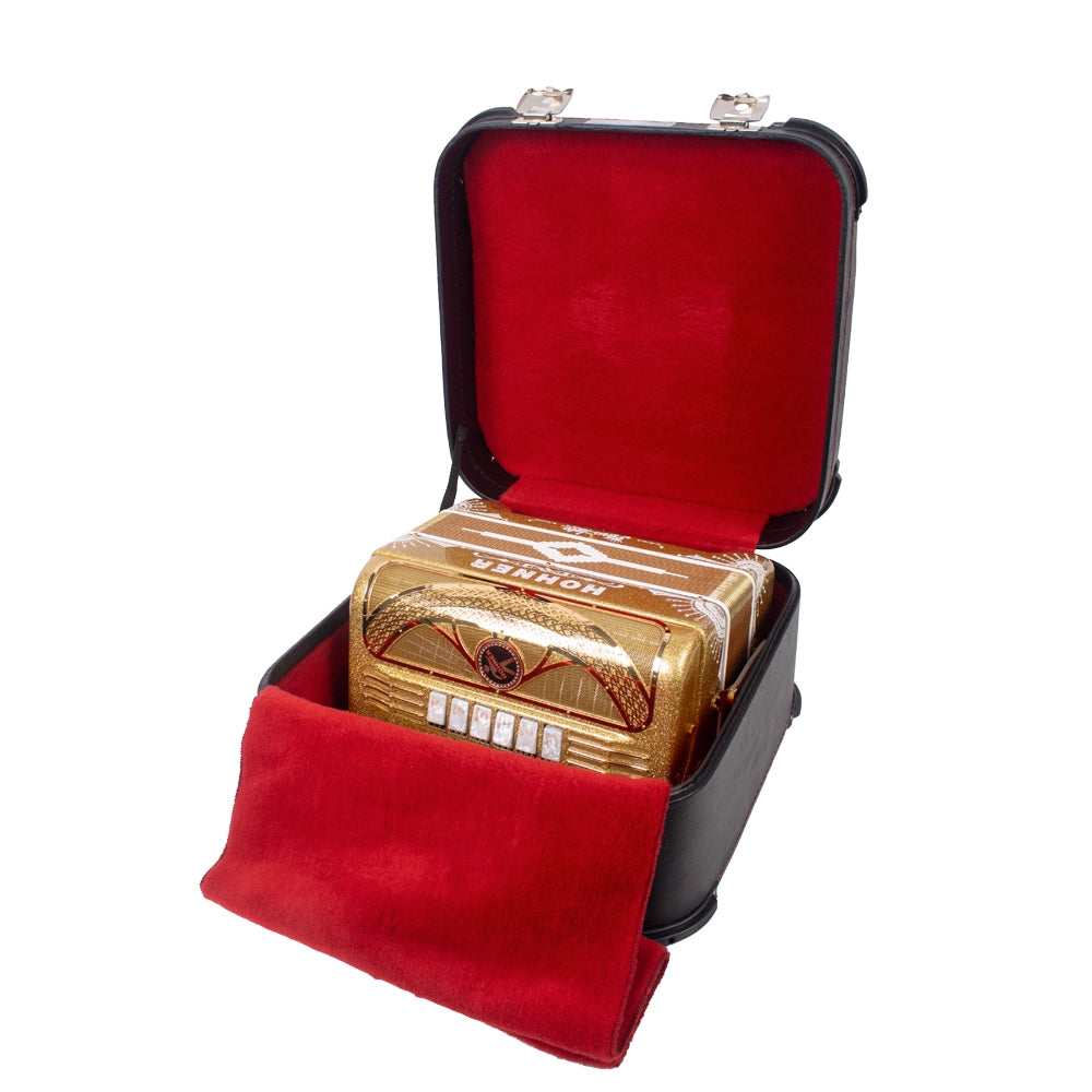 Hohner A8000FBBEBEADHLDG Acordeón Anaclero de Botones FA-SIB-MIB/MI-LA-RE Dorado con Estuche