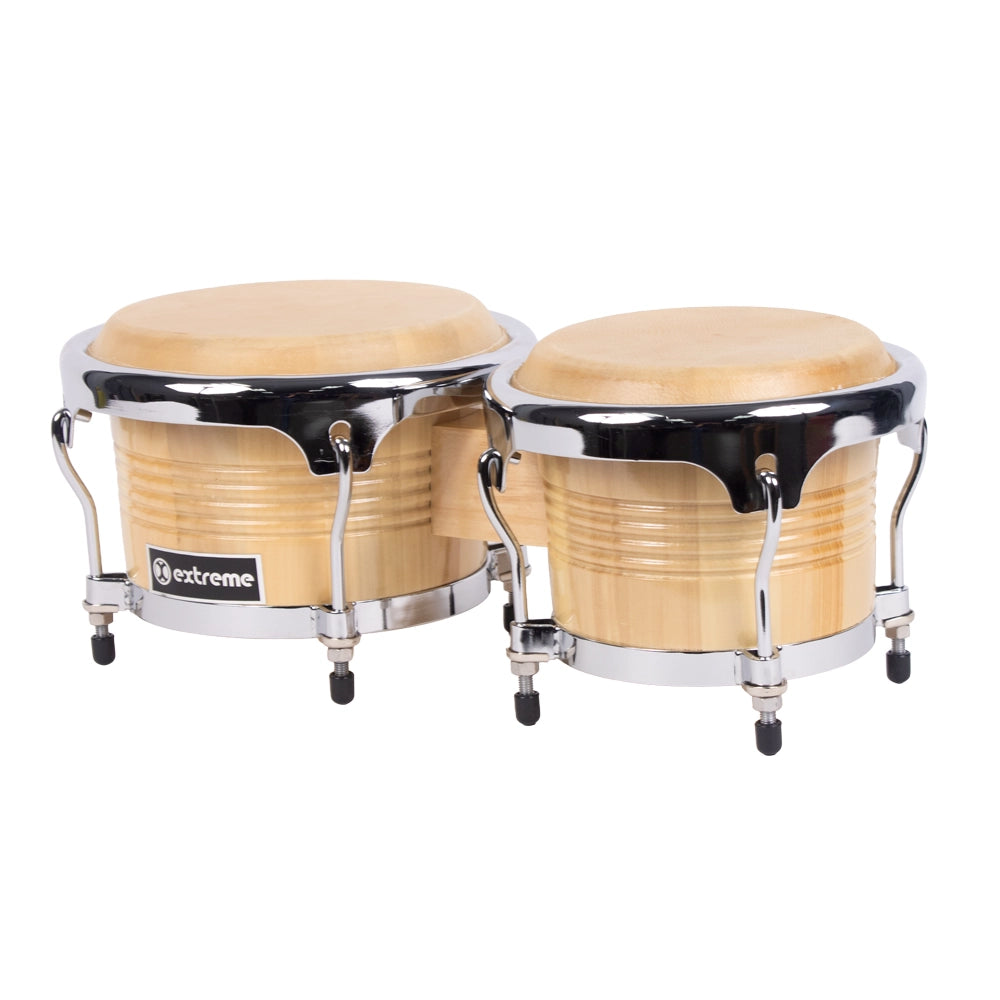 Extreme EXBG008 Bongós 7.5" y 8.5" Natural Aro Cromado con Atril