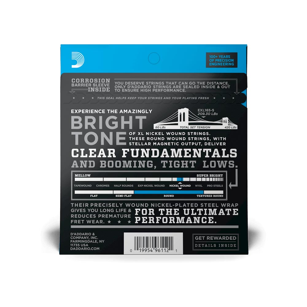 Encordadura Bajo Eléctrico 45/135 5 Cuerdas Regular Light DADDARIO EXL1655