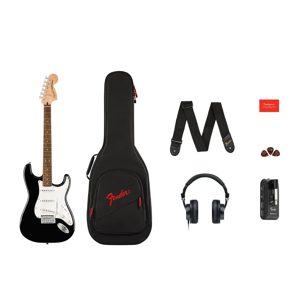 Fender 0372873206 Guitarra Eléctrica Affinity Series Stratocaster Mustang Micro Pack Black, Gig Bag HD9 MX CHN BR