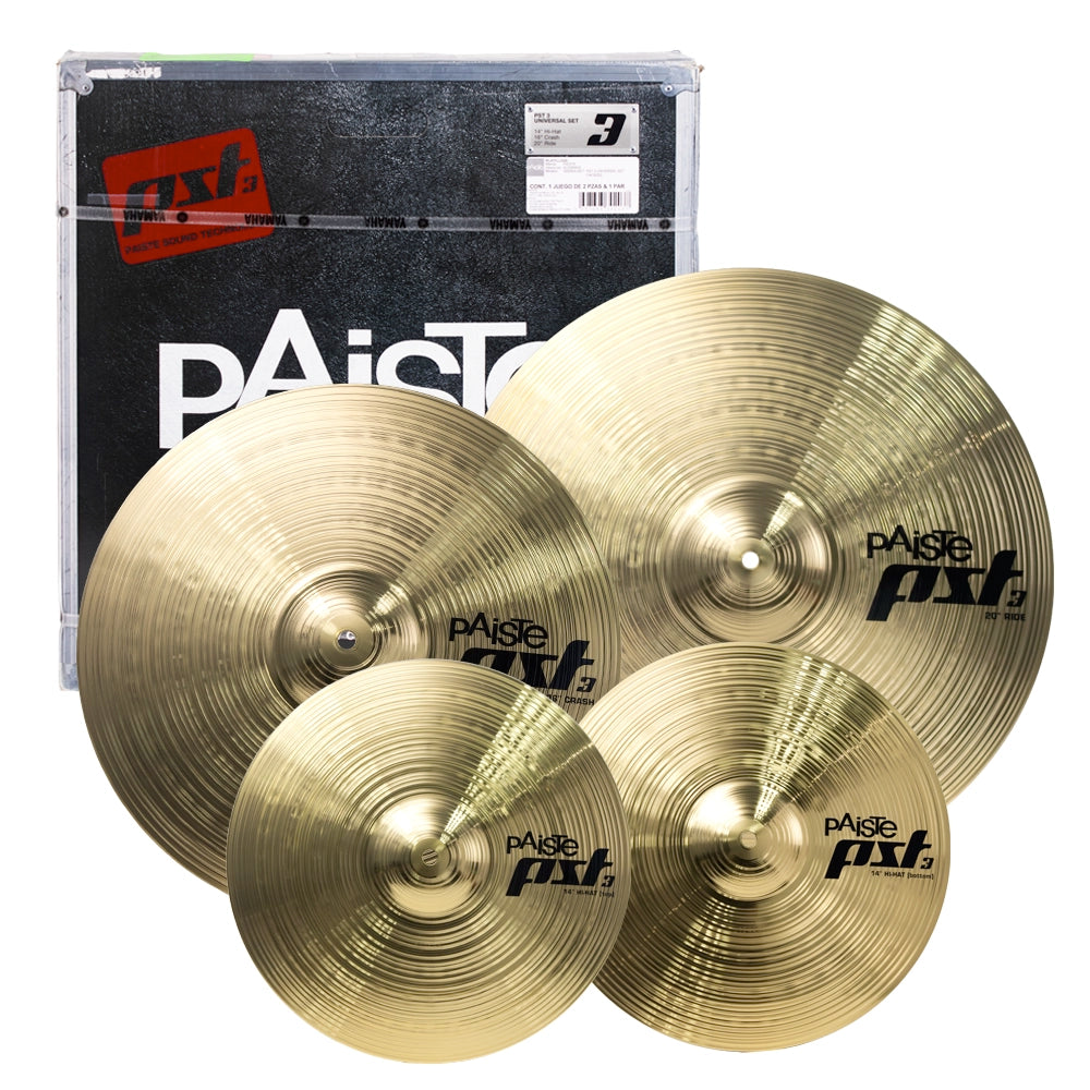 Set de platillos para batería Paiste PST 3 Universal Set. Incluye platillo Ride de 20 pulgadas, Crash de 16 pulgadas y pareja de Hi-Hat de 14 pulgadas (top y bottom) en acabado dorado brillante, junto a su caja original empaquetada.