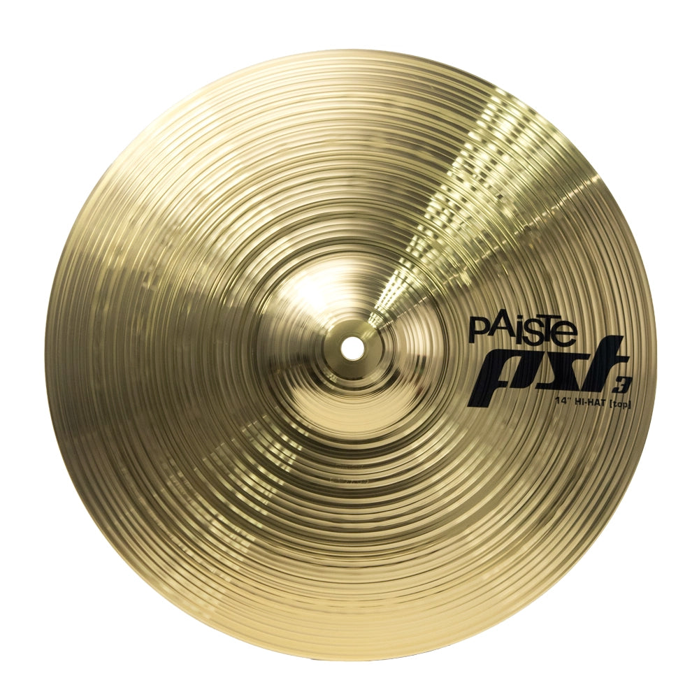 Platillo superior para contratiempo (Hi-Hat Top) Paiste PST 3 de 14 pulgadas. Vista frontal individual en acabado dorado brillante con acabado torneado y logotipo impreso en negro