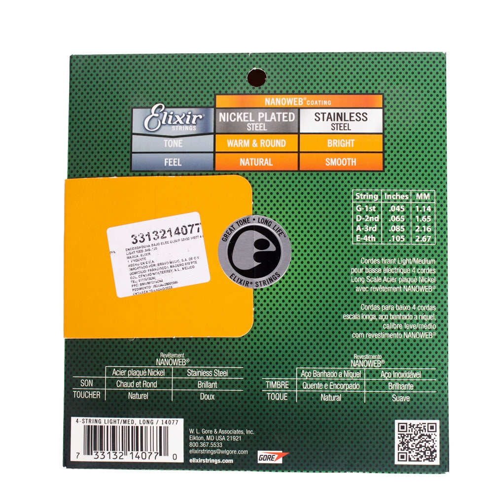 Elixir 3313214077 Encordadura Bajo Eléctrico 4 Cuerdas Lig Ht Med 045 - 105