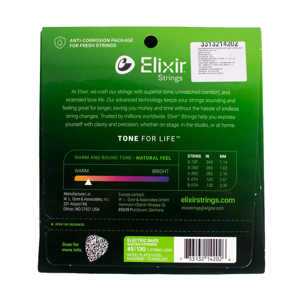 Elixir 3313214202 Encordadura Bajo Eléctrico 45/130 5 Cuerdas LIGHT LONG SCALE