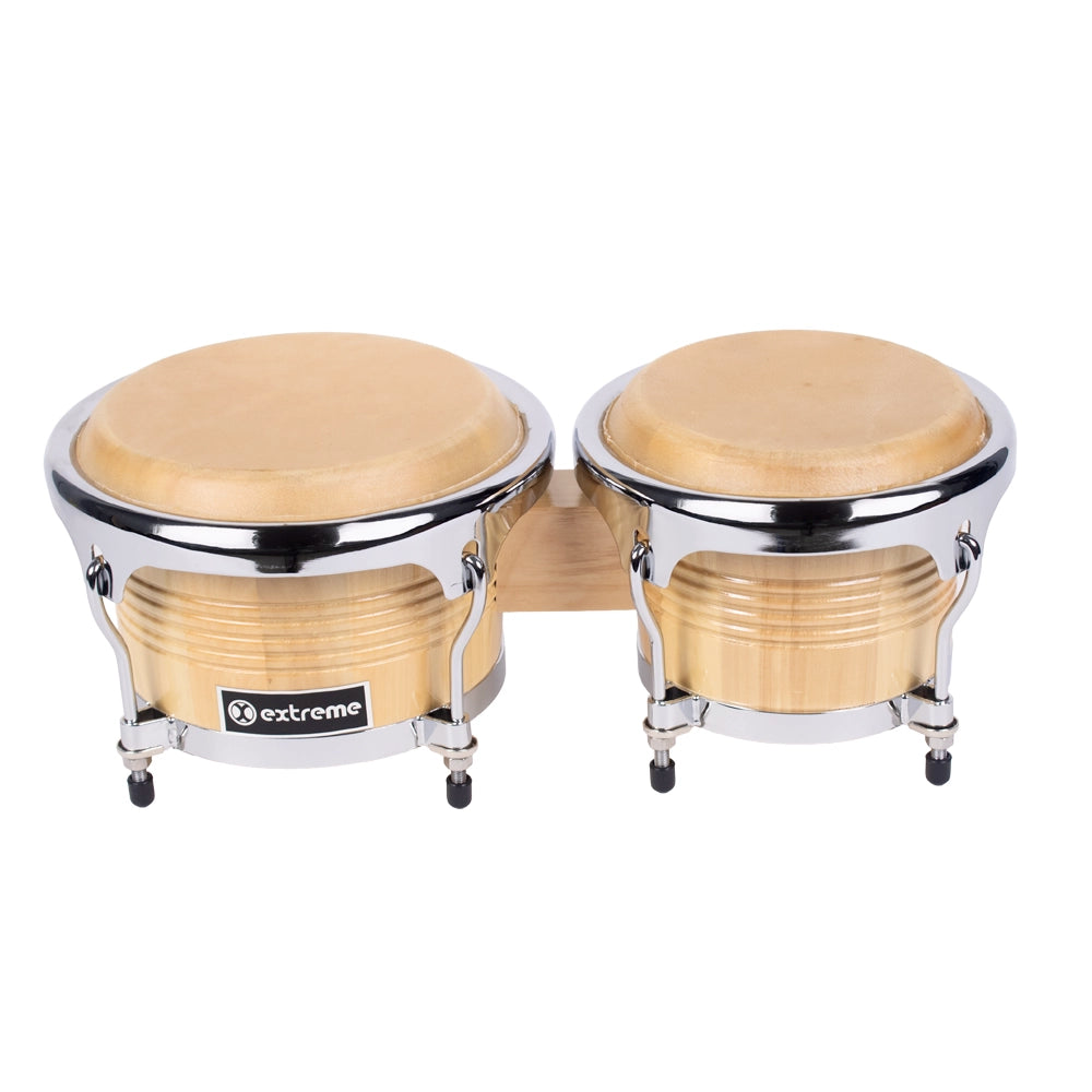 Extreme EXBG008 Bongós 7.5" y 8.5" Natural Aro Cromado con Atril