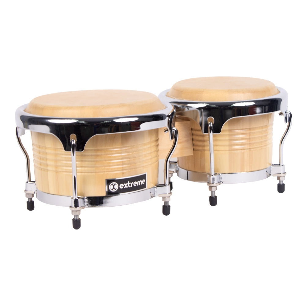 Extreme EXBG008 Bongós 7.5" y 8.5" Natural Aro Cromado con Atril