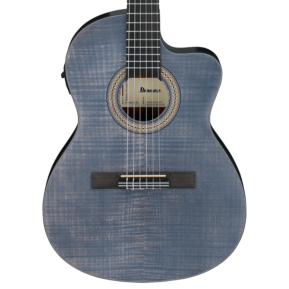 guitarra de madera electroacustica en tonos azul blueberry