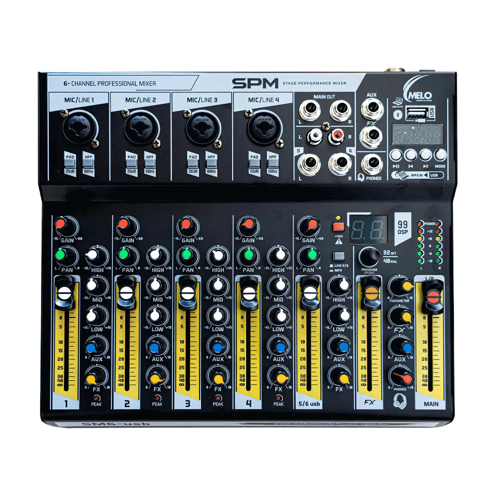 Melo SM6USB Mezcladora Profesional 6 Canales con Efectos y Reproductor
